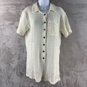 Free People Beach Knit Button Romper Womens Small Cream Short Sleeve Open‎ Weave